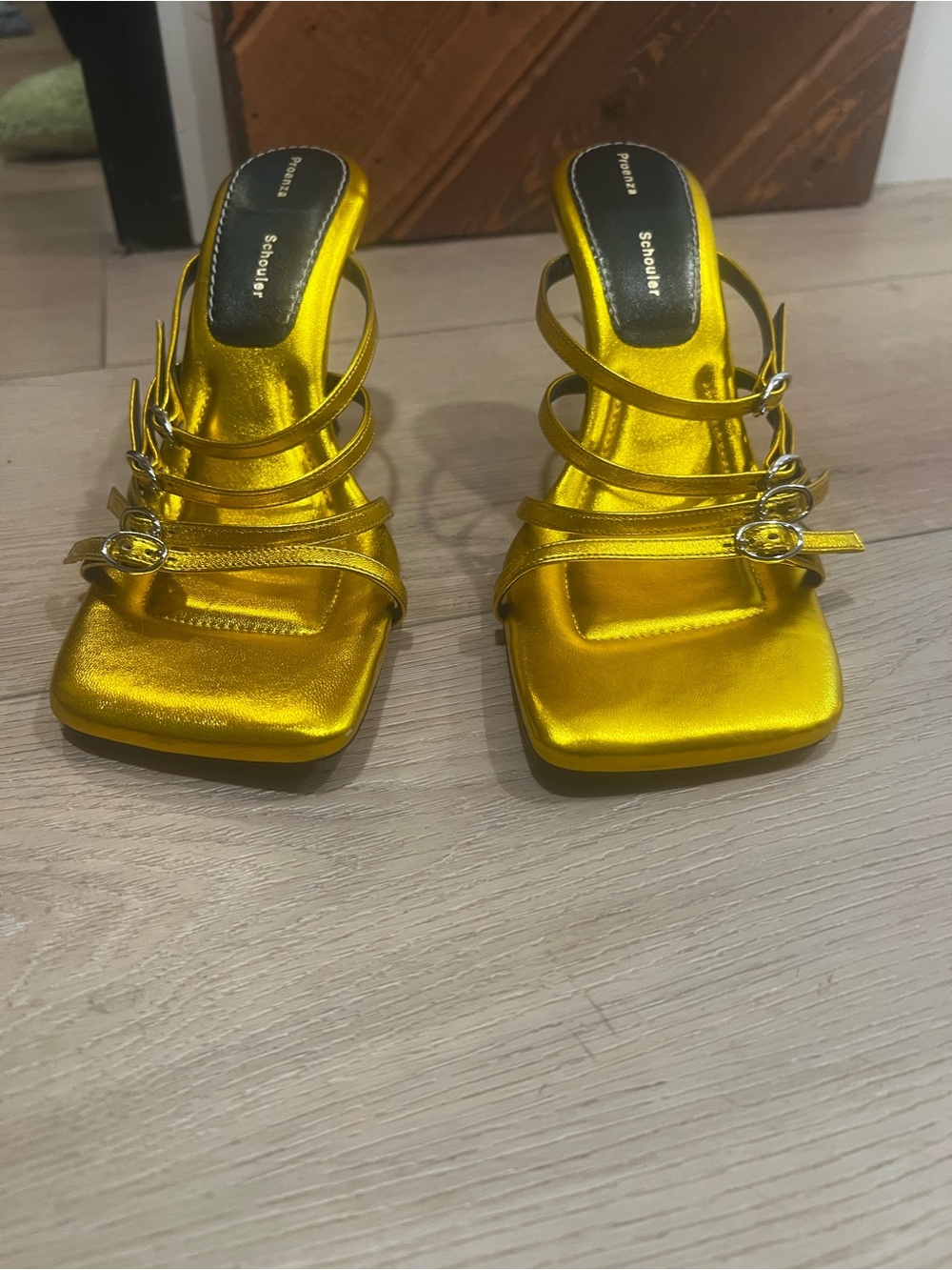 Proenza Schouler Metallic Gold Multi-Strap Square-Toe Mules